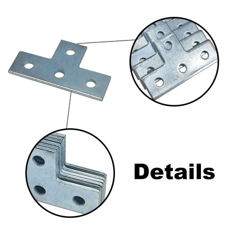 Four Hole T Shaped Brackets Flat Plate For Half Inch Bolt In One And Five Eighths Inch Strut Channel Heavy Duty Unistrut Compatible Mounting Brackets For Construction Framing And Channel Support With Slotted Holes, galvanized steel detail