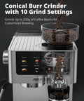 Front view of Espresso Machine With Burr Grinder And 20 Bar Pressure, featuring conical burr grinder with coffee beans