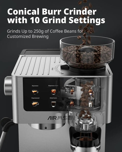 Front view of Espresso Machine With Burr Grinder And 20 Bar Pressure, featuring conical burr grinder with coffee beans
