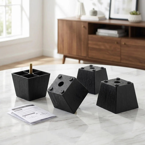 Adjustable Furniture Legs 8-Piece Set with Threaded Studs for Uneven Surfaces, square plastic and metal feet on marble table.