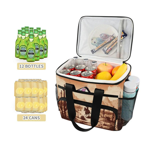 Open Insulated Lunch Bag With Shoulder Strap showing packed drinks, fruits, and snacks in a spacious 15L cooler tote for picnics.