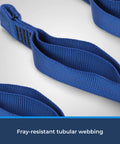 Close-up of fray-resistant blue tubular webbing of Four Step Nylon Aider Ladder for tree work, rock climbing, and rescue.