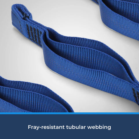 Close-up of fray-resistant blue tubular webbing of Four Step Nylon Aider Ladder for tree work, rock climbing, and rescue.