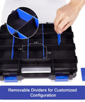 Person adjusting a divider in a Double Sided 34 Compartment Small Parts Storage Case With Removable Dividers For Screws Nuts Bolts Nails And Tiny Hardware Heavy Duty Tool Organizer For DIYers Everywhere, showing compartment sizes and customization options.
