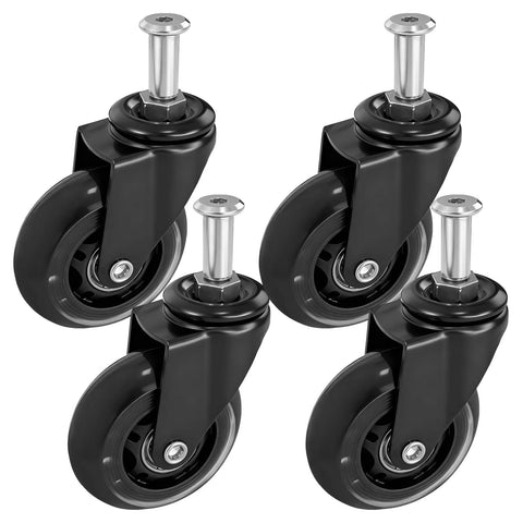 Set of four MySit creeper caster wheels, 2.5-inch rubber wheels on black frames with steel stems.