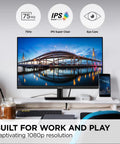 32 Inch IPS Monitor With Full HD 1080p, Thin Bezel Design, Built In Speakers, HDMI And VGA, Flicker Free Eye Care displayed on desk