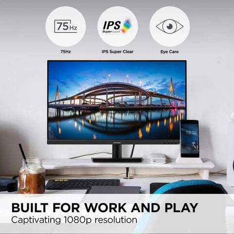 32 Inch IPS Monitor With Full HD 1080p, Thin Bezel Design, Built In Speakers, HDMI And VGA, Flicker Free Eye Care displayed on desk
