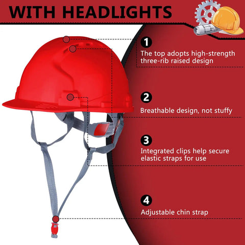 20 Pack Hard Hat Bulk With Adjustable 4 Point Abs Safety Helmets Showcasing red helmet with headlight and adjustable chin strap features.