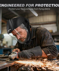 Top Shelf Panoramic Full Face Mask With Scratch Resistant Polycarbonate Visor And Dang Tough Impact Shield For Rough Industrial Jobs Demanding Ansi Certified Guard Against Welding Sparks And Debris Daily worn by worker during metal grinding.