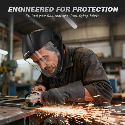 Top Shelf Panoramic Full Face Mask With Scratch Resistant Polycarbonate Visor And Dang Tough Impact Shield For Rough Industrial Jobs Demanding Ansi Certified Guard Against Welding Sparks And Debris Daily worn by worker during metal grinding.