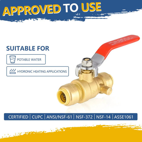 1/2 Inch Push Fit Ball Valve With Drain Full Port Brass Shut Off For Copper PEX CPVC Plumbing Fittings Pack Of 5 Lead Free DZR Brass