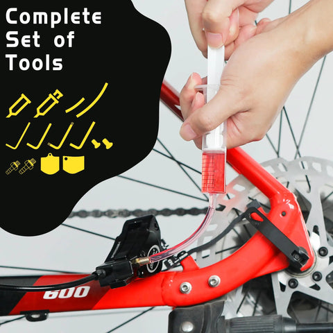 All Hydraulic Disc Brake Bleed Kit With Mineral Oil Gloves Syringes And Installation Tools For Quick Pro Grade Bleed Of Your Hydraulic Brakes On Any Caliper used on a bicycle