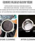 Elite Electric Portafilter Cleaner For Coffee Grounds Shakes Pucks Loose In A Flash With Dual Spin Brushes Plus The Matched Knock Box Included No Sweat, showing before and after cleaning coffee grounds.