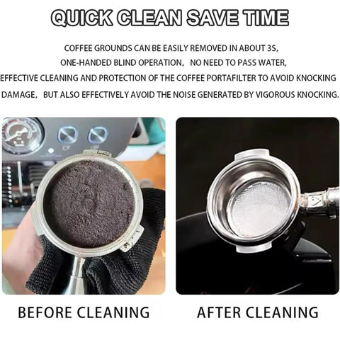 Elite Electric Portafilter Cleaner For Coffee Grounds Shakes Pucks Loose In A Flash With Dual Spin Brushes Plus The Matched Knock Box Included No Sweat, showing before and after cleaning coffee grounds.