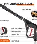 Pressure Washer Gun With 360 Degree Swivel Heavy Duty Labor Saving Hood Replacement Wand Extension M22 14mm And 15mm Fittings Three Eighth Inch Quick Connect Five Nozzle Tips With Holder 5000 PSI 41 Inch Stainless Steel with premium material and easy pull trigger.