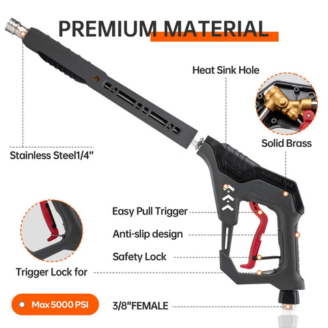Pressure Washer Gun With 360 Degree Swivel Heavy Duty Labor Saving Hood Replacement Wand Extension M22 14mm And 15mm Fittings Three Eighth Inch Quick Connect Five Nozzle Tips With Holder 5000 PSI 41 Inch Stainless Steel with premium material and easy pull trigger.