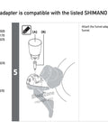 Diagram showing compatibility of funnel adapter with Shimano hydraulic brakes for Shimano Brake Bleed Kit With Pro Syringe And 120ml Mineral Oil.