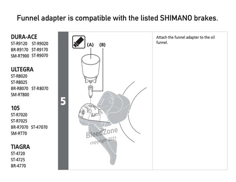 Diagram showing compatibility of funnel adapter with Shimano hydraulic brakes for Shimano Brake Bleed Kit With Pro Syringe And 120ml Mineral Oil.