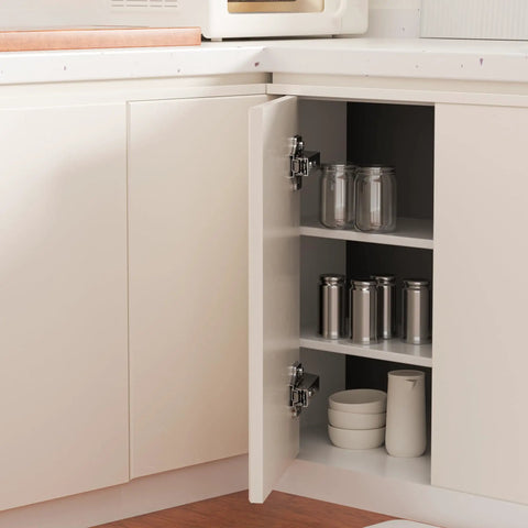 Smooth Operator 135 Degree Lazy Susan Hinges For Corner Cabinets with Nifty 4D Adjustment, installed in a cupboard with open door.
