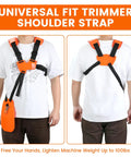 Ergonomic Back Saver Handle Extension With Double Shoulder Strap Harness For Stihl Husqvarna Echo Ryobi Troy Bilt And Other Major String Trimmers Adjustable Washer Sizes 25mm 26mm 28mm For A Custom Fit All Day Comfort worn on person front and back view