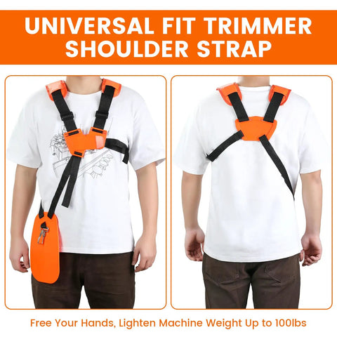 Ergonomic Back Saver Handle Extension With Double Shoulder Strap Harness For Stihl Husqvarna Echo Ryobi Troy Bilt And Other Major String Trimmers Adjustable Washer Sizes 25mm 26mm 28mm For A Custom Fit All Day Comfort worn on person front and back view