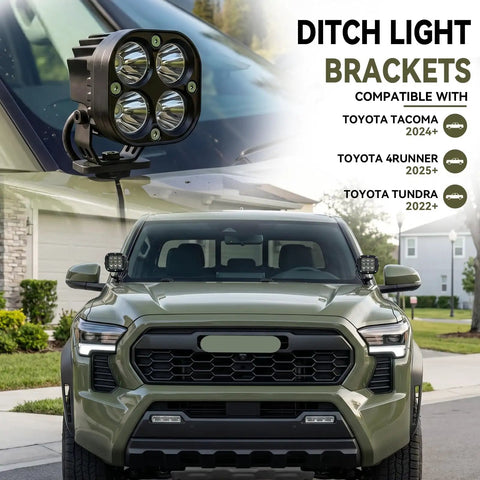 Heavy Duty Hole Free Ditch Light Brackets For 2024 2026 Toyota Tacoma And 2022 Plus Tundra With 2025 Plus 4Runner hood mount LED pod installed on vehicle.