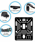 FlexiRover Robot Car Kit For Arduino Mega2560 With WiFi Expansion Board, showing parts for depth camera, robot arm, lidar, and control board.