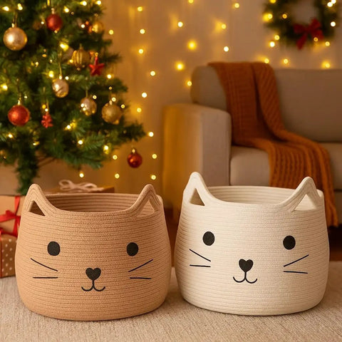 Two Large Cotton Rope Storage Baskets With Cozy Cat Face Design next to Christmas tree, ideal for towels and toys, 15 by 14 inches.