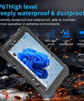 Knucklebuster Proof Rugged 7 Inch Industrial Tablet With Windows 11 Pro Intel N100 Chip 8G Ram 128G Drive IP67 waterproof display with droplets.