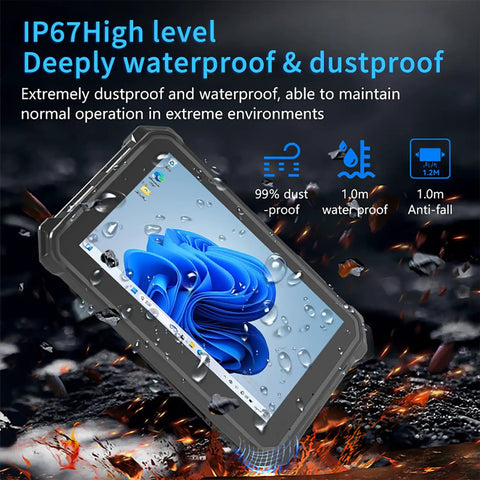 Knucklebuster Proof Rugged 7 Inch Industrial Tablet With Windows 11 Pro Intel N100 Chip 8G Ram 128G Drive IP67 waterproof display with droplets.
