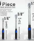 Beefy Nine Piece Torque Wrench Set With Quarter, Eighths, And Half Inch Drives Covers 20 To 220 InLb And 5 To 45 FtLb And 10 To 170 FtLb Includes Extension Bar And Adapters Chrome Plated Rust Resistant Scratch Proof Finish For DIY Car Bike Truck