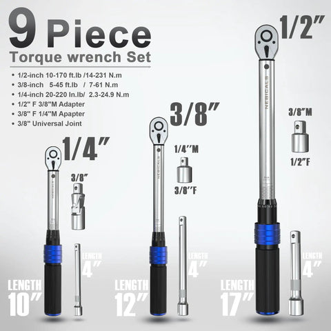 Beefy Nine Piece Torque Wrench Set With Quarter, Eighths, And Half Inch Drives Covers 20 To 220 InLb And 5 To 45 FtLb And 10 To 170 FtLb Includes Extension Bar And Adapters Chrome Plated Rust Resistant Scratch Proof Finish For DIY Car Bike Truck