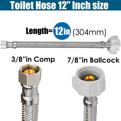 12 Pack Stainless Braided Toilet Water Supply Line 12 Inch with 7/8 inch Ballcock to 3/8 inch Compression Fittings