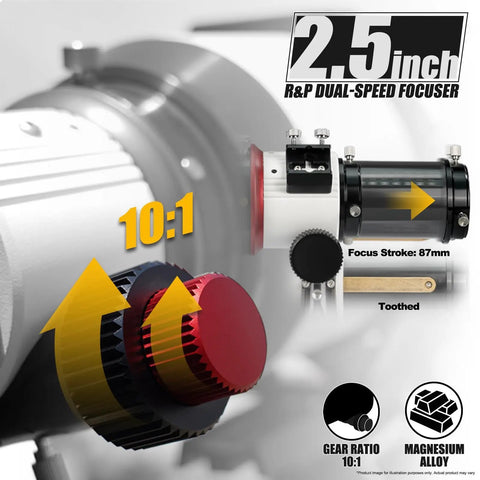 Close-up of 2.5-inch dual-speed focuser, part of Beast 122mm Apo Triplet Refractor Telescope For Deep Space And Visual Observing.