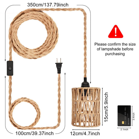 Boho Cylinder Pendant Light Featuring Plug In Flex And Sturdy 15Ft Hemp Rope Plus Handwoven Rattan Shade With Easy Flip Switch For Your Dope Bedroom Lighting Setup dimensions with plug and rope