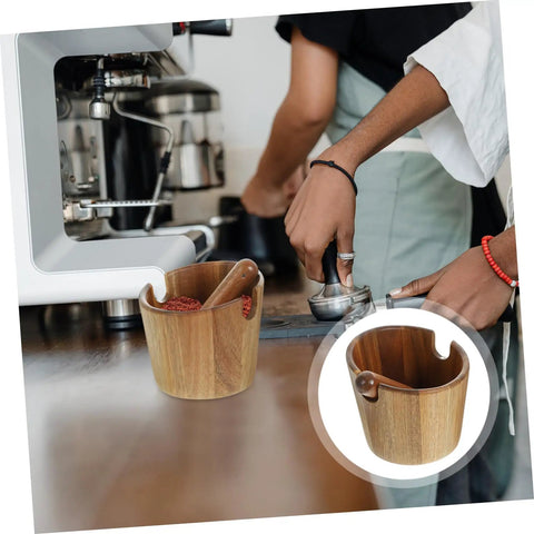 Solid Build Wood Semi Automatic Espresso Grounds Knock Box Splash Shield on countertop with coffee grounds.