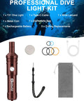 Beefy 2000 Lumen Underwater Flashlight With Three Adjustable Beam Angles, accessories including O-rings, lanyard, bag, and cables
