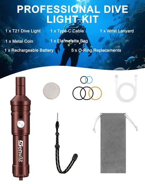 Beefy 2000 Lumen Underwater Flashlight With Three Adjustable Beam Angles, accessories including O-rings, lanyard, bag, and cables