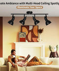 Four Light Black Industrial Track Lighting Fixture With E26 Base installed in modern living room setting