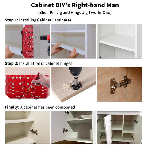 Pro Level 7 Hole Shelf Pin Jig And 2 In 1 Cabinet Hinge Boring Guide Set With Tough Steel Drill Bits for precise hinge installation.
