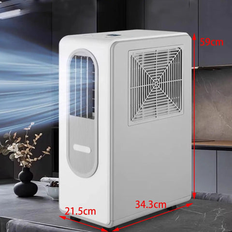 Stand Up Portable Air Conditioner With Ductless Cooling And Multi Layer Oil Control Filter For Bedroom Or Office Whisper Quiet Swamp Cooler angled view, dimensions 59cm x 34.3cm x 21.5cm.