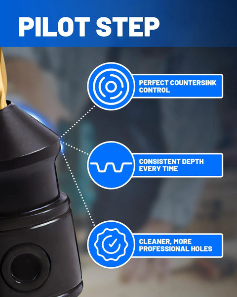 Close-up of countersink drill bit with infographic on features for the Woodworking Countersink Drill Bit Set For Wood With 14 Pieces.