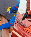 Two workers using Tough As Nails Hex Head Self Tapping Roofing Screws Size Ten By One Point Five Inch on different roofs.