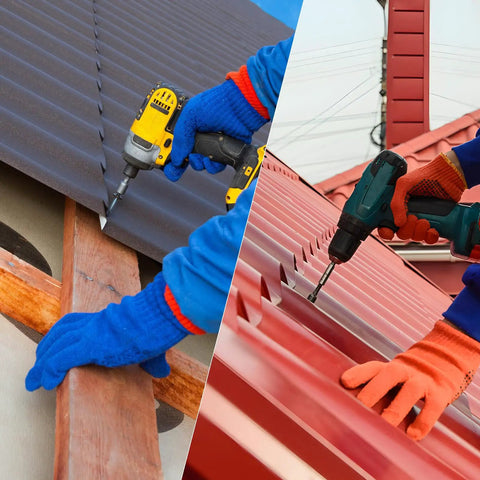 Two workers using Tough As Nails Hex Head Self Tapping Roofing Screws Size Ten By One Point Five Inch on different roofs.