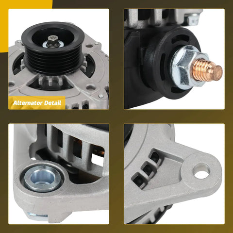Close-up details of Alternator Replacement For Jeep Wrangler 07-11, Chrysler Town And Country 08-10, Voyager 08, Dodge Grand Caravan 08-10, And Volkswagen Routan 09-10 3.3L 3.8L Plug And Play OEM Numbers 04727865AB 04801304AA 04801304AC 4727865AB 4801304AA 4801304AC showing components and connectors.