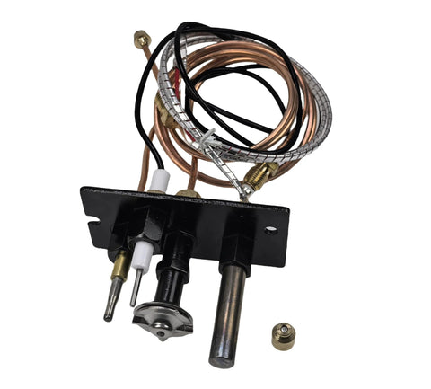 Front view of NG/LPG fireplace pilot assembly: black mounting plate, copper tubing, braided metal line, and wiring.