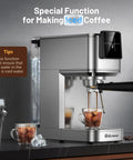 Heavy Hitter 20 Bar Espresso Machine Featuring A Sleek Beige Finish Built In Frother For Silky Lattes Quick Cold Brew Option And Zero Hassle Daily Grind Routine making iced coffee with glass and ice.