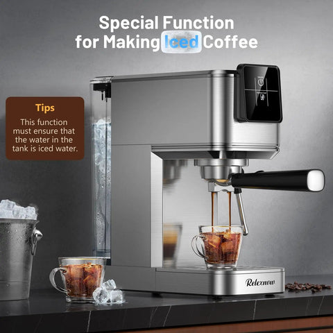 Heavy Hitter 20 Bar Espresso Machine Featuring A Sleek Beige Finish Built In Frother For Silky Lattes Quick Cold Brew Option And Zero Hassle Daily Grind Routine making iced coffee with glass and ice.