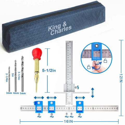 Precision Cabinet Hardware Installation Jig With Automatic Center Punch And Spot Drill Bits For Nail It Every Time Drawer Knob Mounting tools with rulers and drill bits.