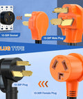 Hefty Dryer To EV Y Splitter Cord 30 Amp Male Dropping Down To Dual 30 Amp Female Nema Jacks connection types with plugs and sockets.